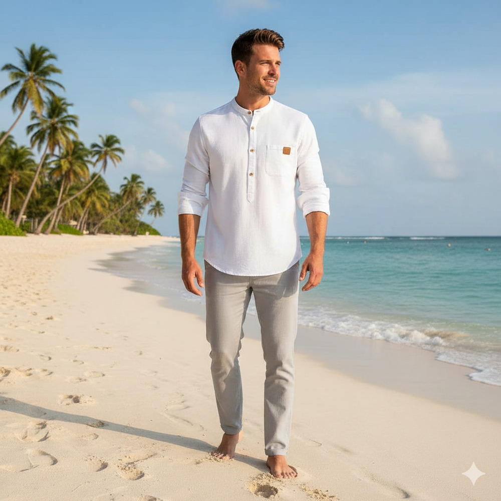 Men's White Banded Collar Shirt Long Sleeve Casual Button-Up [ L ]